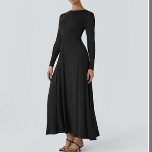 Halara Ribbed Round Neck Long Sleeve Flare Flowy Maxi Casual Dress NWT